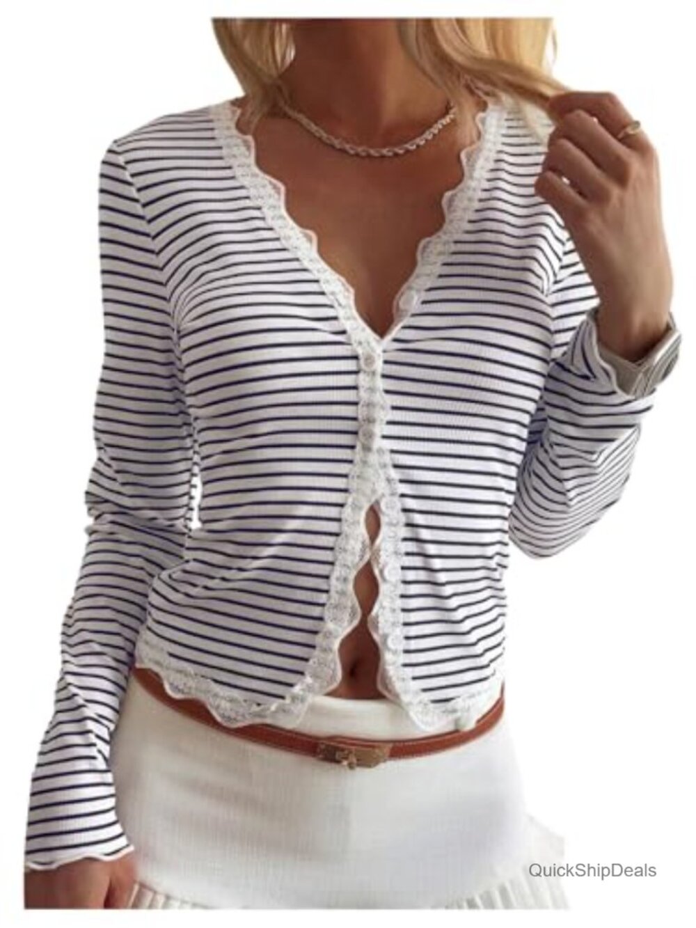 Striped Lace Cardigan Button Down V Neck Long Sleeve Lightweight Cover Up